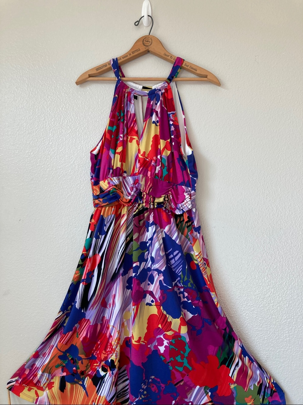 Suzi chin Colorful abstract Floral Painterly stretch halter dress y2k vibe sz 10